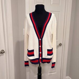 Preppy Cotton/Cashmere White Ribbed Minnie Rose Cardigan w/ Red/Blue Trim, Sz S